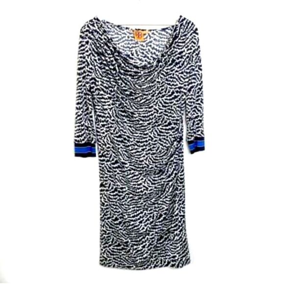 Tory Burch Black Print 100% Silk Cowl Neck Ruching Drape Stretch Bodycon Dress S - Picture 1 of 8